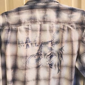 Bleached out graphic print flannel "Hay y'all" moo cow plaid